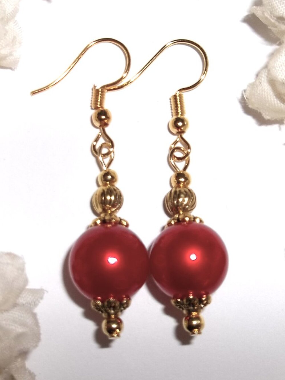Red Earrings Faux Pearl Gold Costume Jewelry Dangle Drop Woman Set Pair D889
